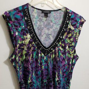 V Neck Printed Beaded Top